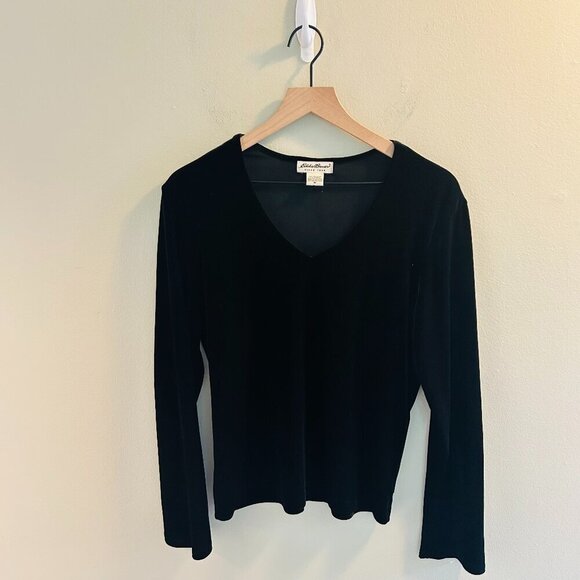 Eddie Bauer Long Sleeve Velvet Top Womens Size Medium Black V-Neck Blouse 90s - Picture 1 of 10